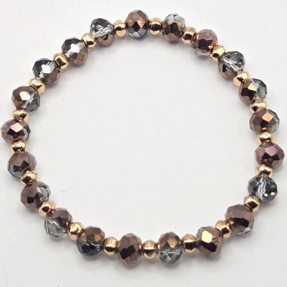 Set of Three Handmade Gold Tone and Brown Faceted Glass Beaded Stretch Bracelets - Picture 2 of 5